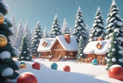The primary subject of the image is a snow-covered village with two houses, surrounded by trees. The setting is a winter landscape with snow-covered trees and a snowy village. The visual style is a digital art or illustration, creating a whimsical and festive atmosphere. The colors and mood are predominantly white and cold, with the snow and trees adding a touch of warmth and coziness to the scene.